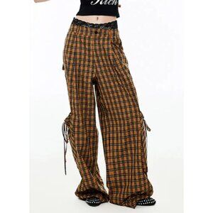 1JINNSTUDIO Wide Leg Plaid Cargo Pocket Pants Grunge Punk Skater Goth Y2K Size L